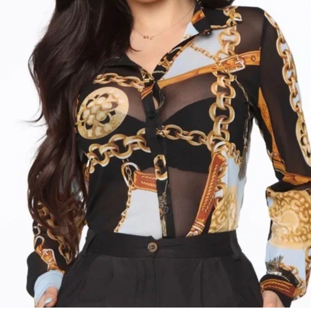 G by Guess Black and Gold Graphic Long Sleeve Blouse